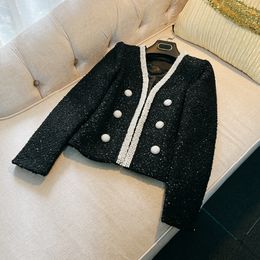 Spring White / Black Solid Color Beaded Tweed Jacket Long Sleeve V-Neck Buttons Double-Breasted Jackets Coat Short Outwear D2N292177