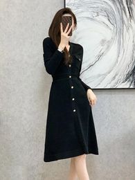 Casual Dresses Solid Black Women Dress Buttons V Neck High Waist Pockets Bright Silk Knitted A Line Female Long Sleeve Summer 2023