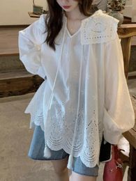 Women's Blouses Hollow Embroidered Tassel Shirt Women Autumn 2023 Korean Chic Doll Collar Lace-up Blouse Puff Sleeve Loose Design Top