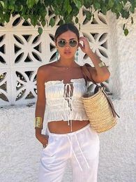 Women's Tanks White Tube Top Backless Vest Women Off Shoulder Pleated Bandage Crop Tops Female Fashion Ruffle Summer Sexy Tank