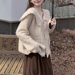 Women's Knits Fashion Sweet All-match Casual Turn-down Collar Long Sleeve Sweater Knitting Lovely Solid Cardigans Women Loose Preppy Style