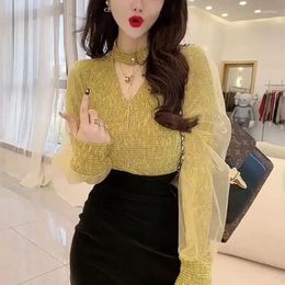 Women's Blouses Fashion Solid Colour Hollow Out Beading Gauze Clothing 2023 Autumn Winter Loose Korean Tops Puff Sleeve Shirts