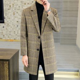 Men's Wool Blends Casual Autumn Winter MidLength Plaid Woollen Coats Business Long Blend Jackets Overcoat Cotton Thick Warm Windbreaker 231102