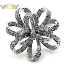 Victorian Vintage Silvertone Micro Pave Clear CZ Ribbon Bow Brooches Circlet Floral Style Bowtie Pin Broach Women Bridal Jewelry 2283S