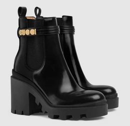 Winter Luxury Brand Women Ankle Boot Black Leather Platform Sole Party Dress Lady Chelsea Boots Comfort Motorcycle Party Dress Walking With Box EU35-42