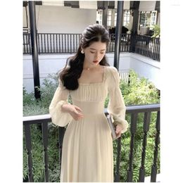 Casual Dresses Spring And Summer 2023 Long-sleeved Chiffon With Waistband Retro Gentle Temperament Medium-long Sexy Dress For Women