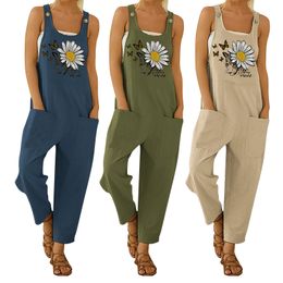 Women's Jumpsuits Rompers Women Loose Overalls Butterfly and Floral Printed Pattern U-shaped Collar Sleeveless Jumpsuits Female Summer Casual Rompers 230331