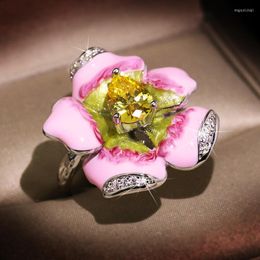 Cluster Rings 2023 Big Enamel Flower Finger Women's Ring Silver Plate With Zirconia Statement Wholesale Bague Femme Beauty Gift Items