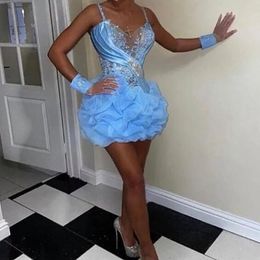 Cocktail Prom Party Gown Plus Size Dress Straight Above Knee Mini Applique Zipper Lace Up New Custom Spaghetti Sleeveless Organza Sequins Beaded Satin Light Blue