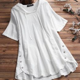 Women's Blouses Fashion Summer Cotton Linen V-neck Button Clothes Women Clothing Fit Comfort Hooded Casual Tees Loose Elegant