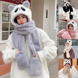 Scarves Thick Warm Women Hijab Scarf Cute Panda Cartoon Hat 3 In 1 Double-Layer Girls Neck Warmer Wrap Plush With Hats Gift