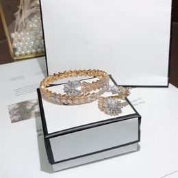 Fashion Brand Jewellery Sets Lady Brass Ladder Square Diamond Snakelike 18K Gold Wedding Engagement Open Bracelets Rings Se229f