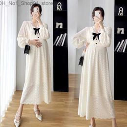 Maternity Dresses Maternity Korean Lace Bow Dress 2023 New Spring Autumn Clothes For Pregnant Women Cute V-Neck Loose Long Pregnancy Dresses Q231102