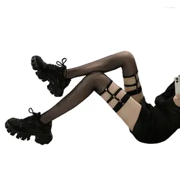 Women Socks Sexy Goth Punk Fishnet Thigh High Stockings Hollow Out Top Studded Leg Ring Garter Belt Over Knee Long Exotic