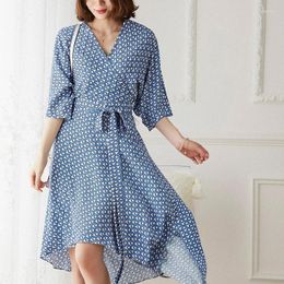 Casual Dresses Blue Print V Neck Dress Women S Summer Loose Bat Sleeve A Line Wrap Medium Long Break