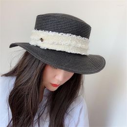 Wide Brim Hats Summer Women's Straw Hat Sun Sunscreen Protection Caps Flat Lace Bolwer Ladies Girls M Letter White Linen