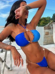 Women's Swimwear 2023 Chain Bikini Set Backless Blue Two Pieces Swimsuit Women Beach Wear Biquini Bathing Suit