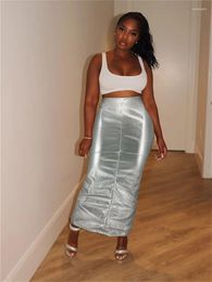 Skirts Streetwear Clothes For Black High Waist Club Outfits Design Autumn Fashion Silver Elastic Maxi Women