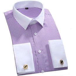 Men's Casual Shirts Quality Gentle Formal Mens French Cuff Dress Shirt Men Long Sleeve Solid Striped Style Men's Shirts Cufflink Include Plus Size 230331