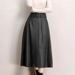 Skirts 2023 Genuine Sheepskin Leather Skirt High Waist Reversed Fleece Simple Knee Length Half Umbrella E48