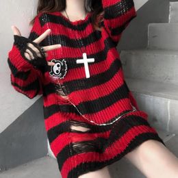 Women's Sweaters Striped Gothic Loose Sweater Women Ripped Holes Hip Hop Punk Knitted Pullover Fairy Grunge Jumpers Emo Lolita Streetwear
