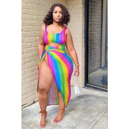 Fashion Plus Size Women Womens Swimwear Sexy Rainbow Striped Hollow One Swimsuit