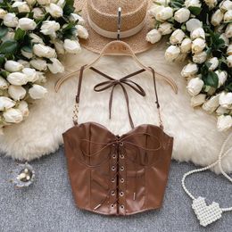 Women's Tanks Fashion Sexy Girl's Halter Neck Strap Bra Vest Bodice Autumn Spring Short Lace Up Front Tight Corset Bustier Top