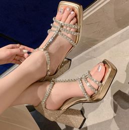 Sandals Luxury Rhinestone Women's High Heel Thick Sole Square Elevated One Line Buckle Roman Style Dermis