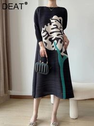 Casual Dresses Pleated Floral Print Dress Women Full Sleeve O Neck Medium Long Elegant Fashion Cloth 2023 Autumn 15KB1528