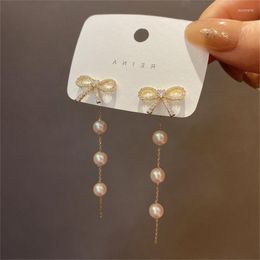 Hoop Earrings Adolph Trending Crystal Bow Drop Earring For Women Long Pearl Chians Bowknot Korean Dangle Jewellery Party