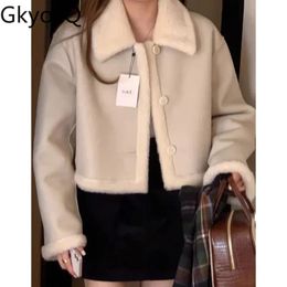 Womens Fur Faux Fur GkyocQ Korean Chic Fall and Winter Women Jacket Elegant Retro Lapel Collar Buckle Two Sides Wear Loose Versatile Lamb Wool Coat 231101