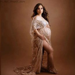 Maternity Dresses Maternity Boho Tulle Dresses Photography Props V-neck Tassels Sequins Free Size Adjustable Sexy Pregnancy Photo Shoot Long Dress Q231102