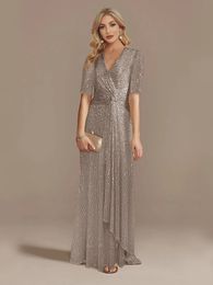 Urban Sexy Dresses Lucyinlove Luxury Floor Length V-Neck Evening Dress Women Elegant Party Maxi Dress Sequin Short Sleeves Prom Cocktail Dress 231101