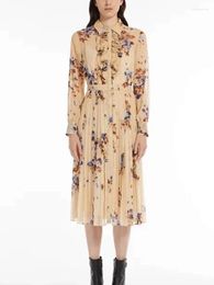 Casual Dresses Women's Trim Turn-Down Collar Pleated Midi Dress Ladies Floral Print Single Breasted Slim Long Robe