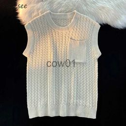 Men's Vests Sweater Vest Men Winter Students Knitwear Harajuku Round Neck Pockets Handsome Casual Streetwear Unisex S-3XL Preppy Stylish Ins J231102