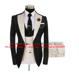 Men's Suits & Blazers Jacquard Black Jacket Suit Men 3 Pieces Custom Groom Wedding Tuxedo Slim Fit Prom Party Double Breasted Beige Vest Pan