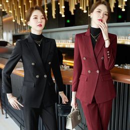 Women's Two Piece Pants 2023 Autumn Winter Luxury Women Suit Black Red Coffee Green Formal Blazer Trouser Suits Office Lady Work Business 2