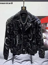 Men's Leather Faux Leather Mauroicardi Spring Autumn Cool Short Black Shiny Geometric Faux Leather Bomber Jacket Men Zipper Stylish Luxury Designer Clothes J231102