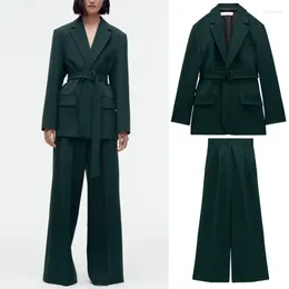 Women's Two Piece Pants Spring Jacket Fashion Belt Long Sleeve Plain Suit Straight Coat Loose High Waist Pleated