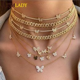 new gold filled iced out hiphop bling wide Miami Curb Cuban Link Chain rock CZ butterfly choker women chain adjust size necklace T227z