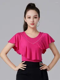 Stage Wear Solid Colour Latin Dance Costume Tops Women Sports Jazz Rhinestones Evening Practise Clothes Short Sleeve Dancewear T-shirt