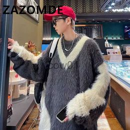 Men's Sweaters ZAZOMDE Winter High Street Sweater O-neck Long Sleeve Fluffy Warm Sweater Men Contrast Color Loose Knitwear Patchwork Pullovers J231102