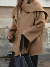 Women's Wool Blends autumn and winter wide-sleeved scarf collar camel loose coat women 231101