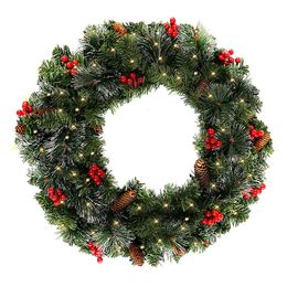 Decorative Flowers Wreaths Christmas Garland with LED Light Illuminated Christmas Wreath with Pinecones Red Berries Artificial Xmas Year Decoration 231102