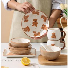 Bowls Lovely Bear Dinnerware Ceramic Dinner Plate Rice Soup Bowl Rectangle Sushi Milk Mug Spoon Microwave Oven Safe