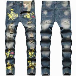 Men's Jeans American Street Style Hip Hop Color Skull Print Hole Small Straight Jeans Men
