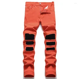 Men's Jeans Youth Skinny Knee Black Patch Ripped Mens Streetwear Fashion Pleated Biker For Men High Street Orange Denim Trousers