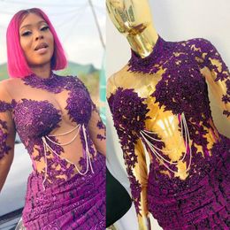 Real Photos Purple Cocktail Dresses Long Sleeves High Neck Pearls Lace Sequined Sexy Back Short Mini Dress