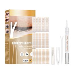 Eyelid Tools 12sheets/480pcs Easy Apply Olive Moon Shape Makeup Tool Clip Fork Double Eyelid Tape DIY Lifting Waterproof With Spray Bottle 231102