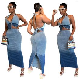 Work Dresses Streetwear Jeans Skirt Outfit Sexy Women Two Pieces Denim Vintage Matching Top Split Skirts